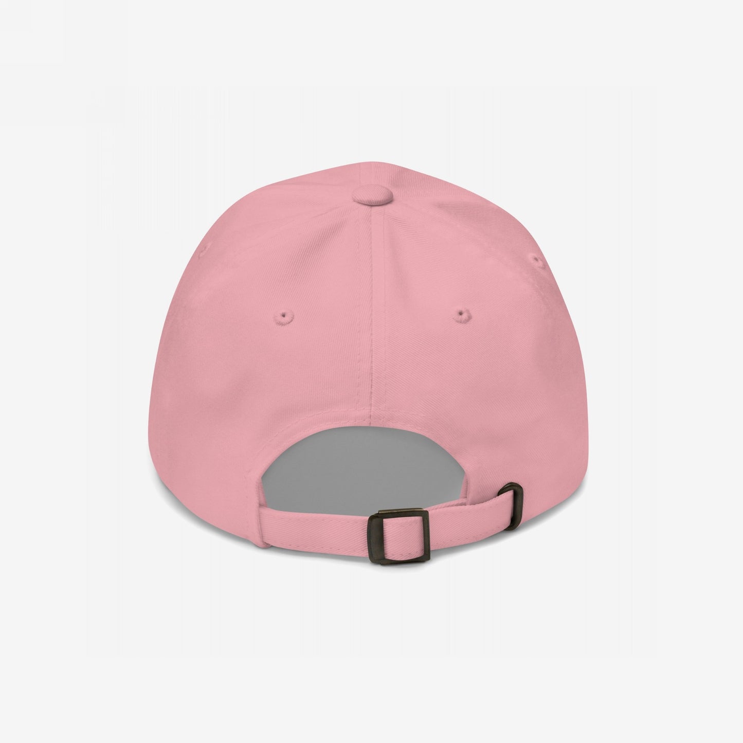 Back view of the Timeline Hat, a pink dad hat featuring an adjustable strap and metal buckle. The cap has I Do Not Recommend This Timeline embroidered in vintage-style lettering.