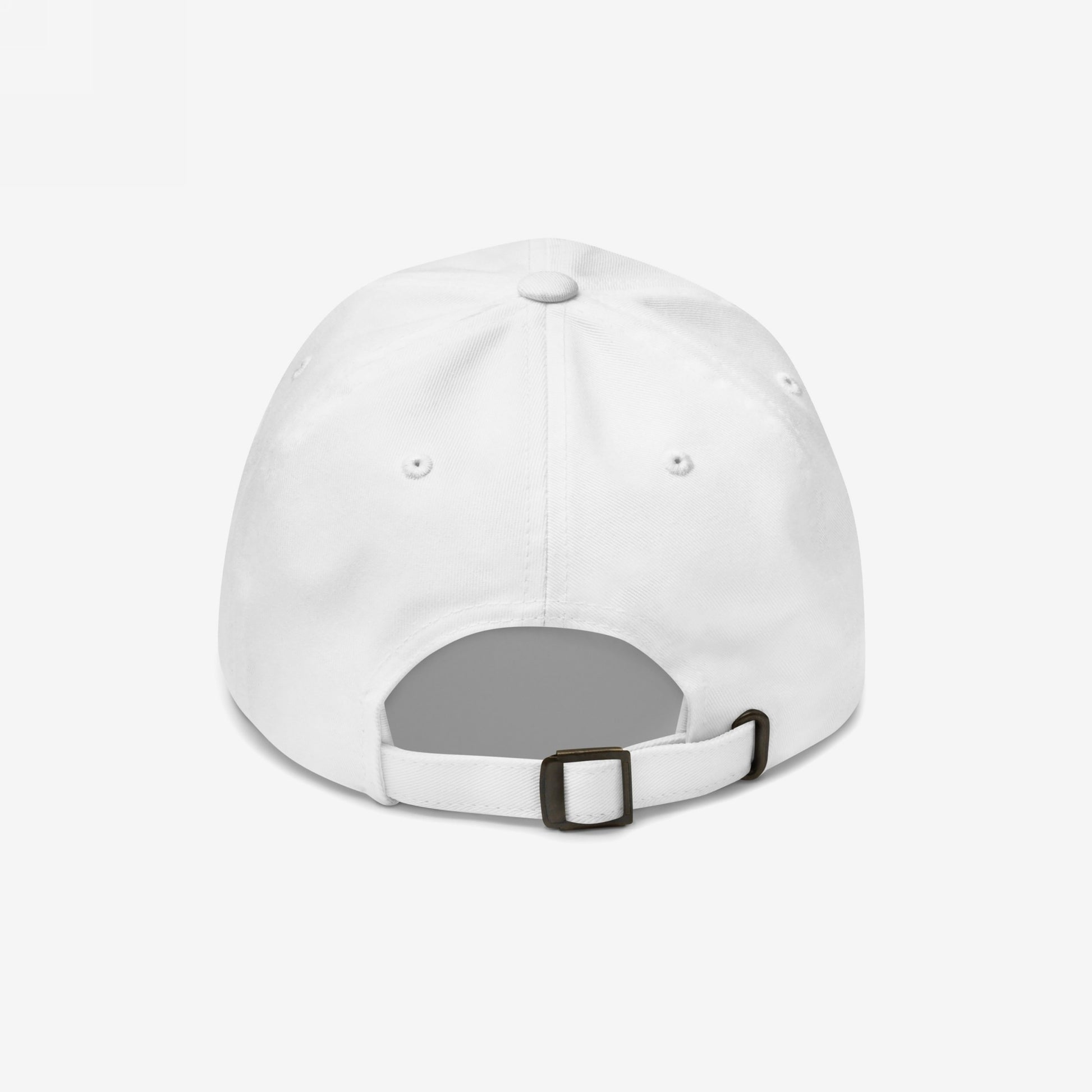 Rear view of the Timeline Hat, a white baseball cap featuring an adjustable fabric strap with metal buckle. Perfect for political humor lovers, it embodies irony and resistance with its retro design.