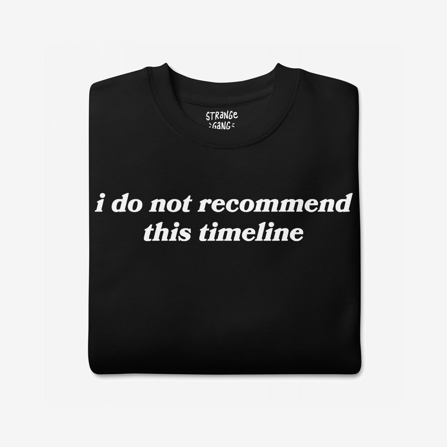 Folded black Timeline Hoodie & Sweatshirt with white serif text: i do not recommend this timeline, embodies dry wit and dystopian fashion. Collar label visible, perfect for expressing skepticism with style.