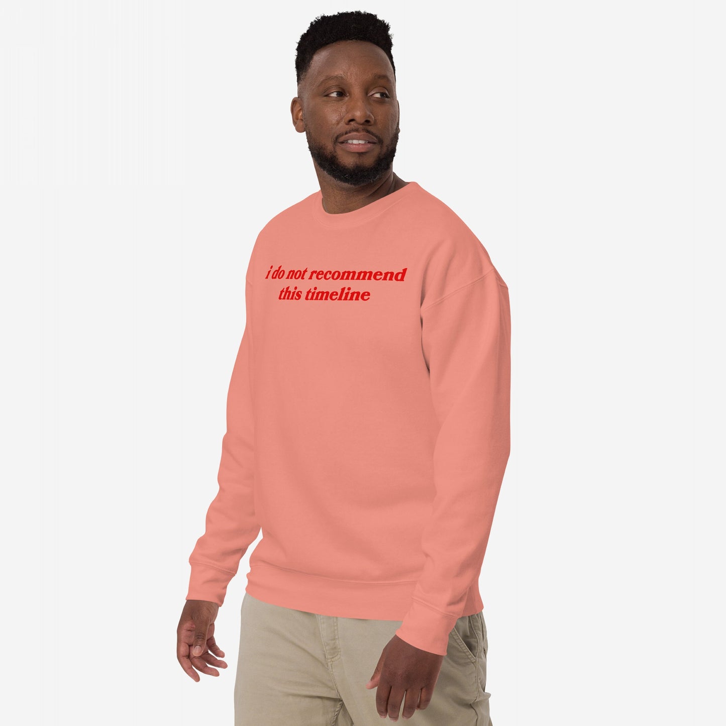 Timeline Hoodie & Sweatshirt featuring the phrase “I do not recommend this timeline” in red, worn by a man in light-beige pants, embodies dry wit and dystopian fashion with minimalist design.