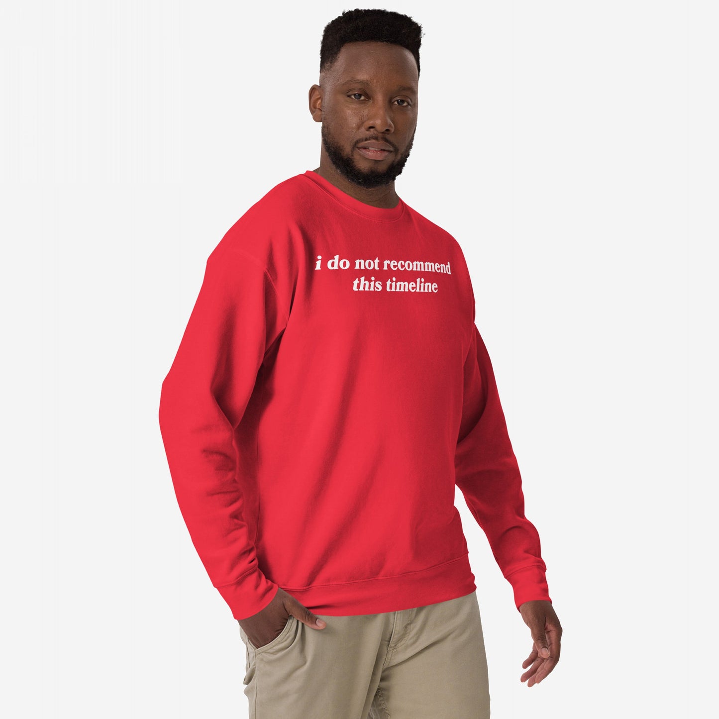 Man models the Timeline Hoodie & Sweatshirt featuring I do not recommend this timeline slogan, embodying sarcasm and dystopian critique. Styled with khaki pants, perfect for those embracing skepticism and wit.