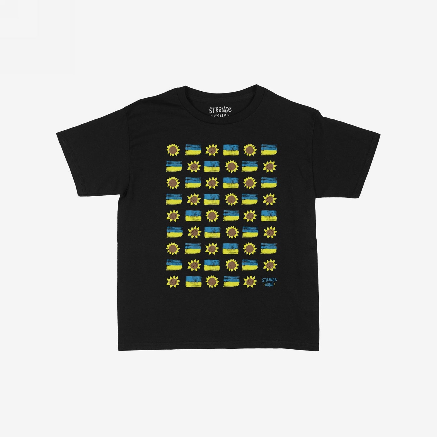 Ukraine Sunflowers Women's Baby Tee features a black short-sleeve design with a hand-drawn grid of sunflowers and blue-and-yellow bars, symbolizing resilience and support for Ukraine.