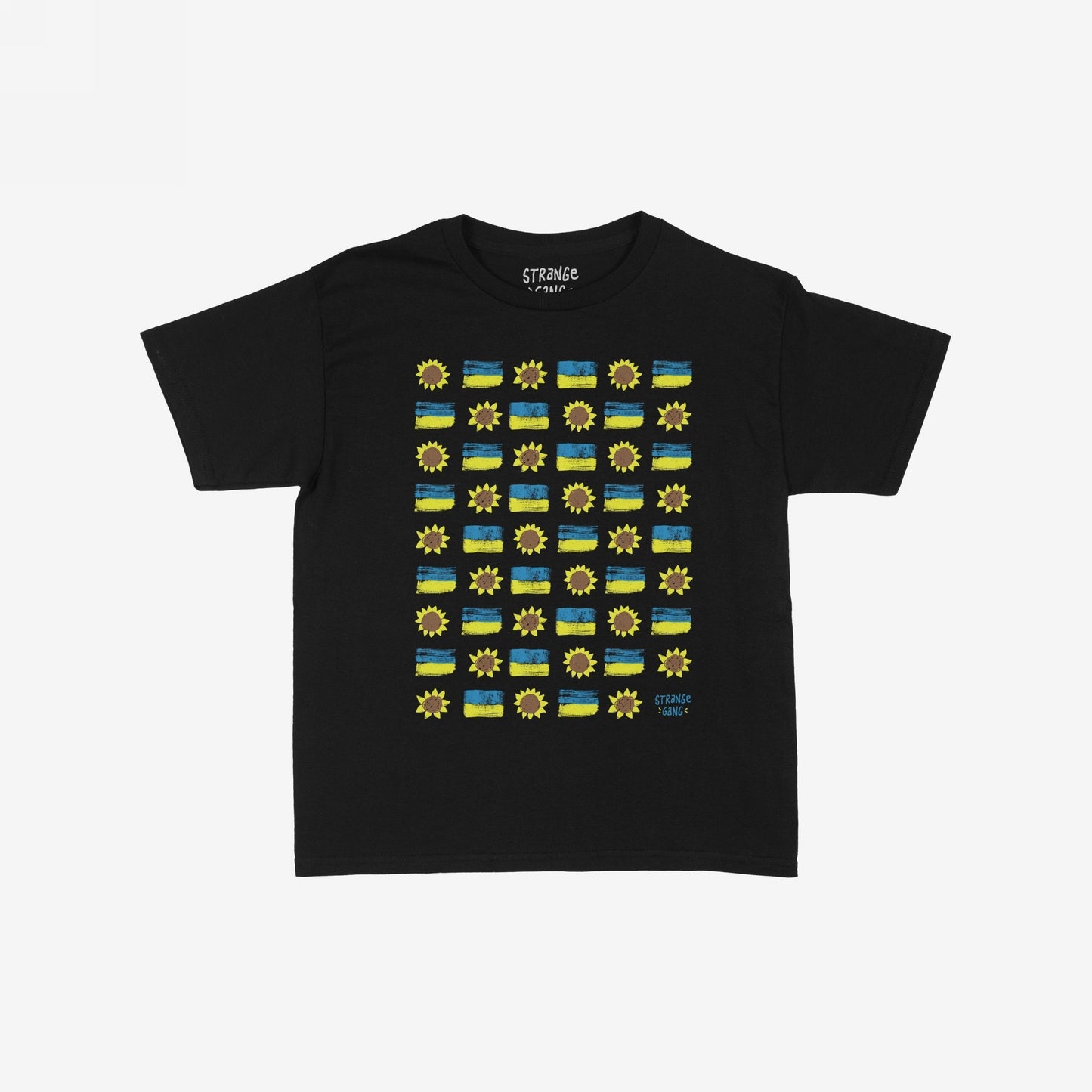 Ukraine Sunflowers T-shirt featuring a grid of hand-painted Ukrainian flags and sunflowers, symbolizing resilience and unity. The design includes a small artist's signature at the bottom right.