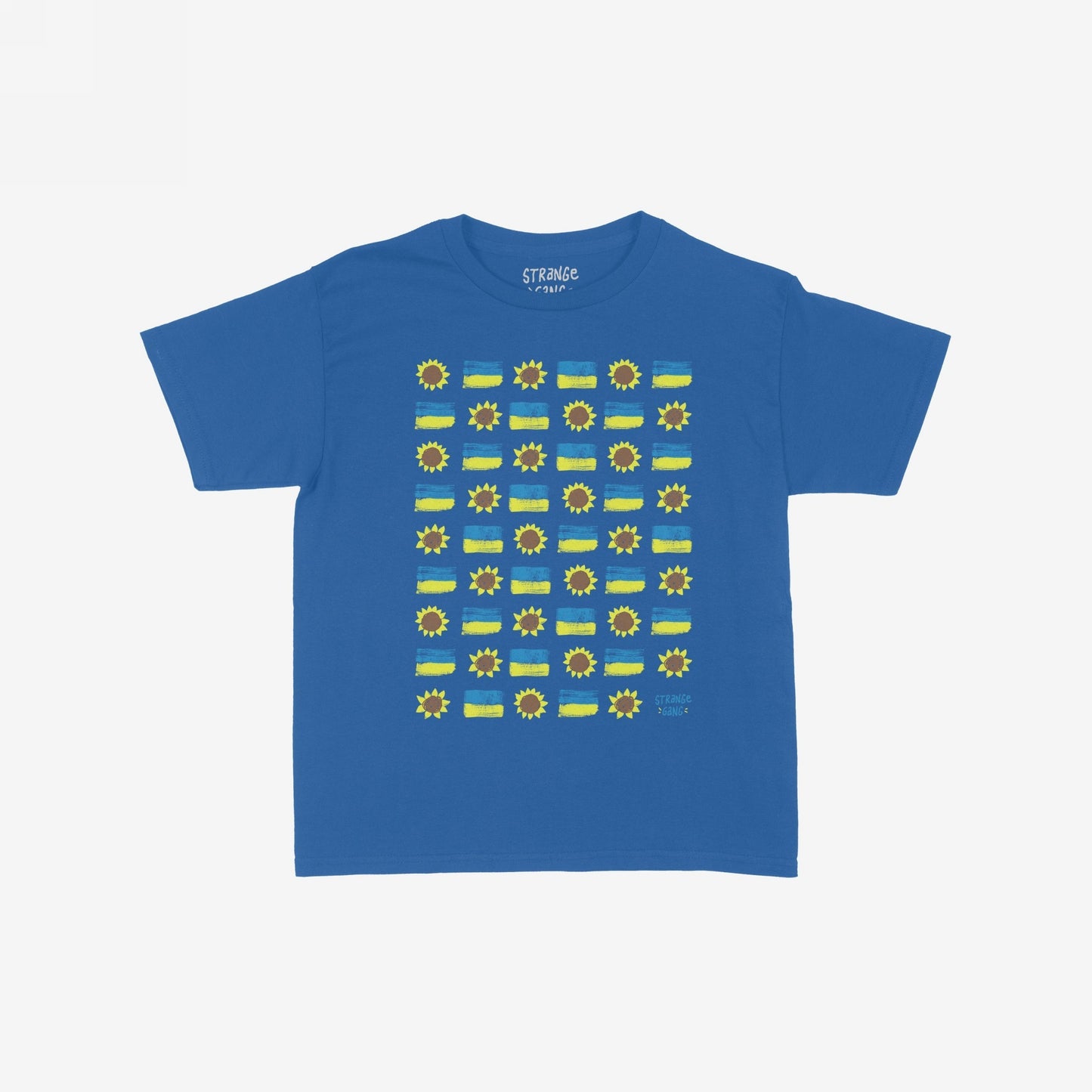 Ukraine Sunflowers T-shirt features a striking grid of sunflowers and yellow-blue flags, symbolizing resilience and hope. The design supports Ukraine’s courage against oppression, reflecting a bold stance for peace.