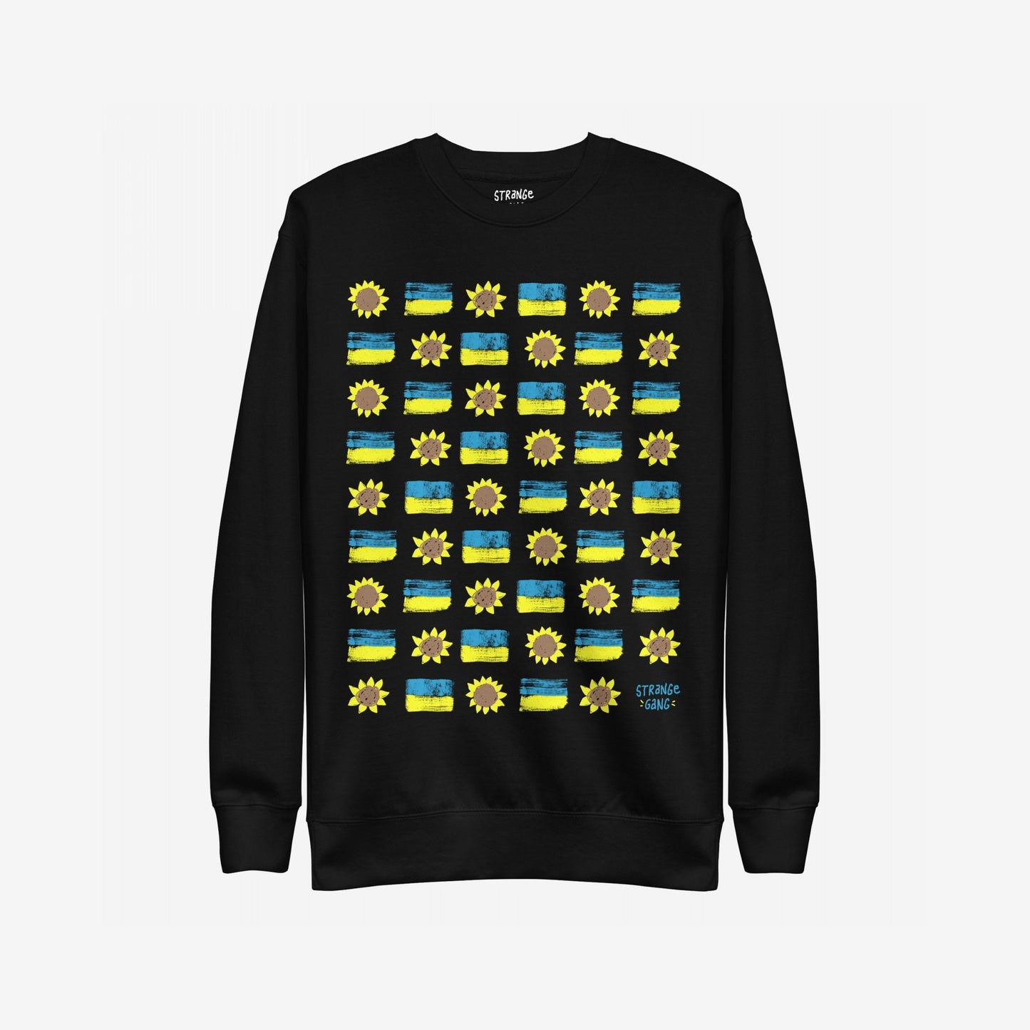 Ukraine Sunflowers Sweatshirt featuring a grid of stylized sunflowers and Ukrainian flag-inspired rectangles, accented by small logo text. Represents unity and resilience, embodying support for Ukraine's freedom.