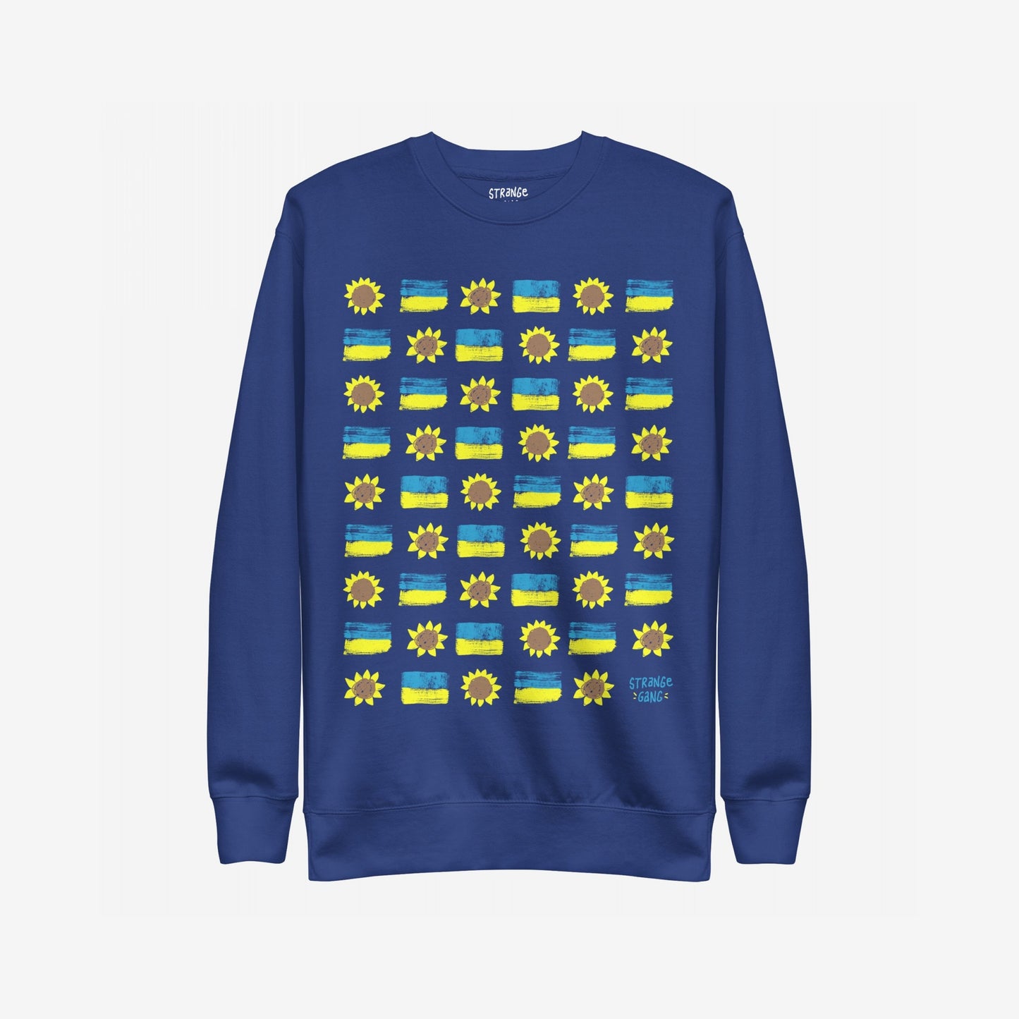 Ukraine Sunflowers Sweatshirt: A royal-blue crewneck featuring a grid of stylized sunflowers and brush-stroke bars, symbolizing unity and resilience, with the designer’s tag in the corner.