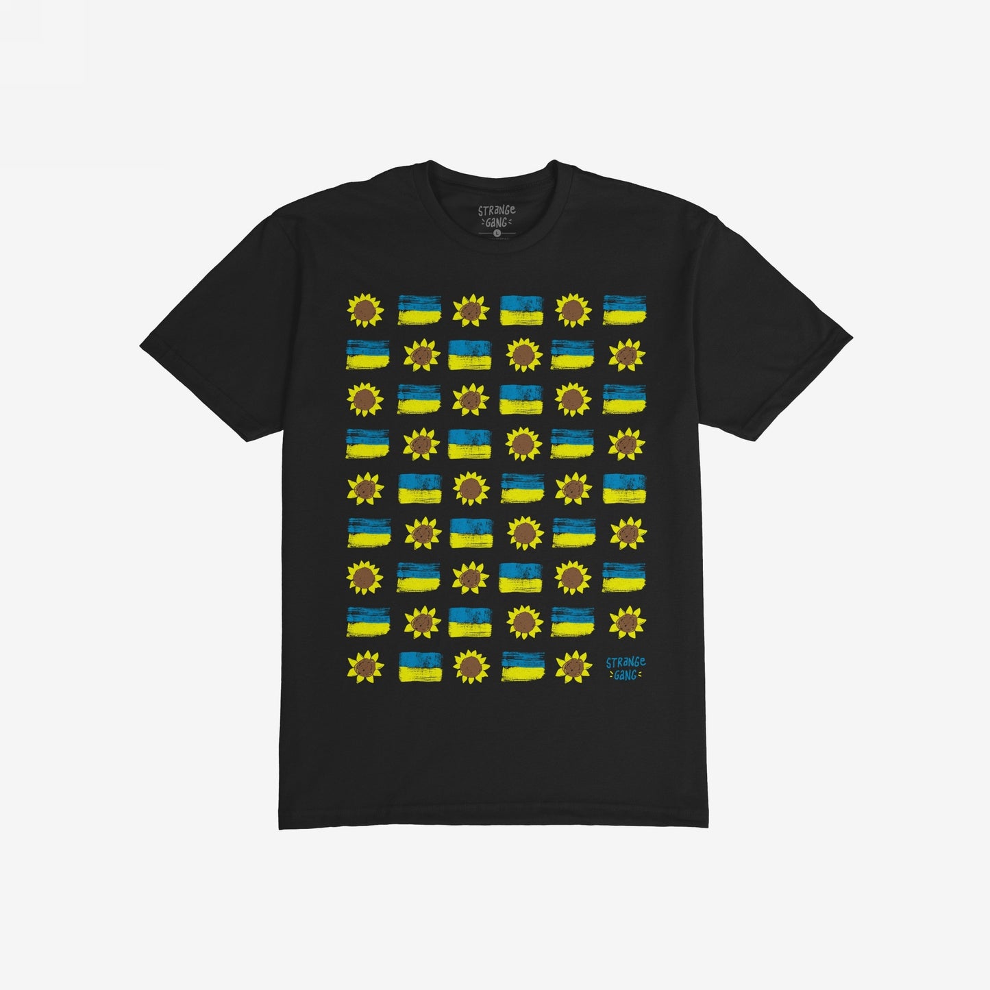 The Ukraine Sunflowers T-shirt features a black base with a grid of yellow sunflowers and blue-yellow stripes, symbolizing resilience and unity, with small blue and yellow STRANGE GANG text.