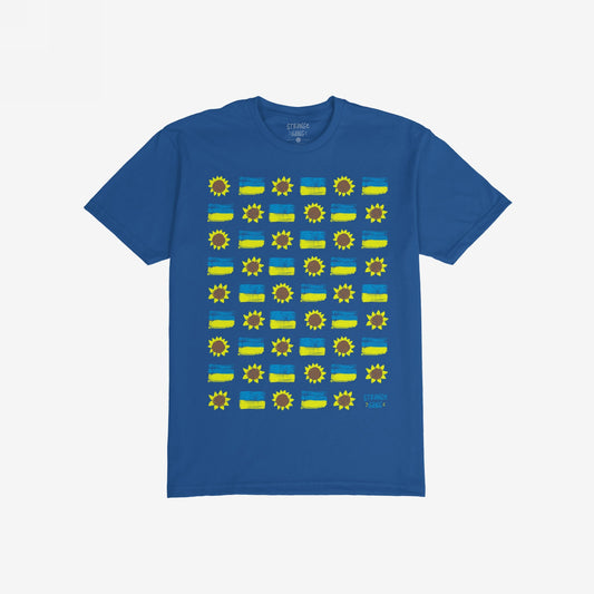 Ukraine Sunflowers Shirt featuring a royal-blue grid pattern with alternating stylized sunflowers and Ukrainian flags, symbolizing resilience and unity. Part of an empowering collection supporting Ukraine's fight for freedom.