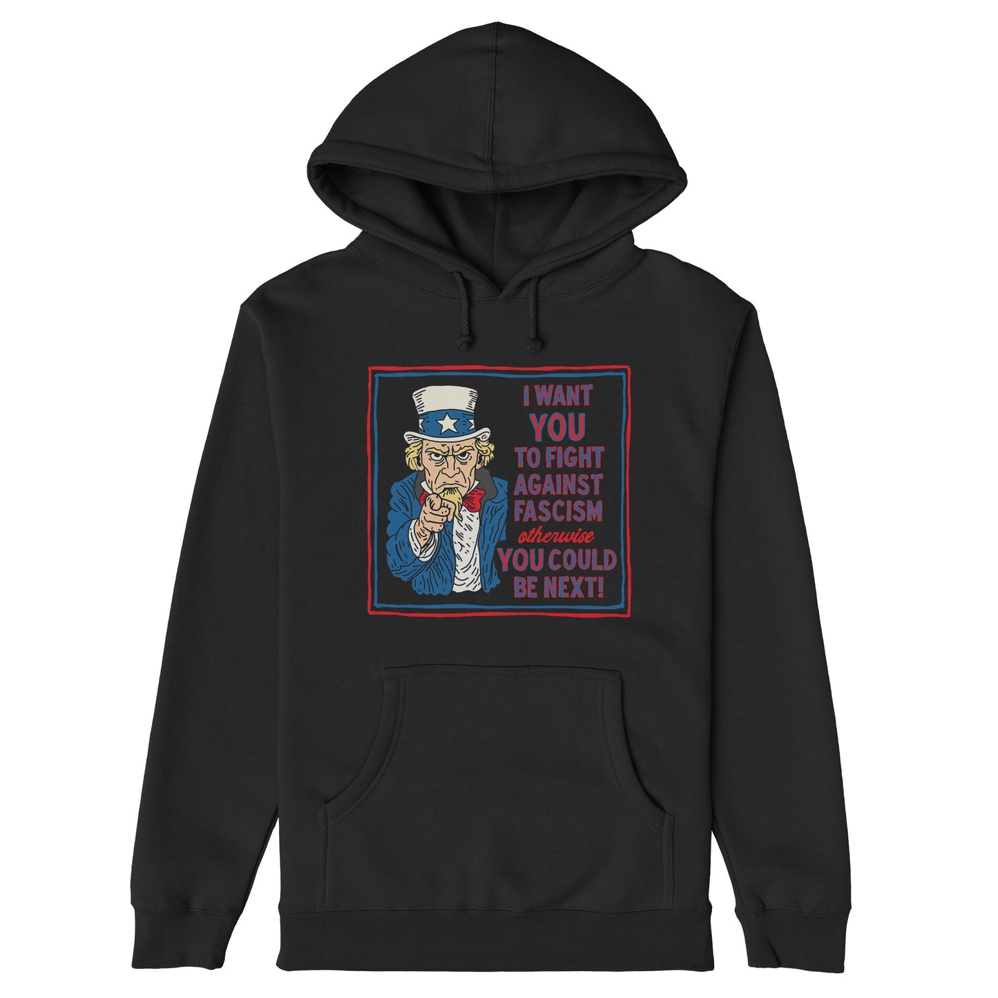 Anti-Fascist Uncle Sam Hoodie & Sweatshirt features a bold graphic of Uncle Sam urging to fight against fascism, embodying a call to action against authoritarianism. Perfect for activism and advocacy.