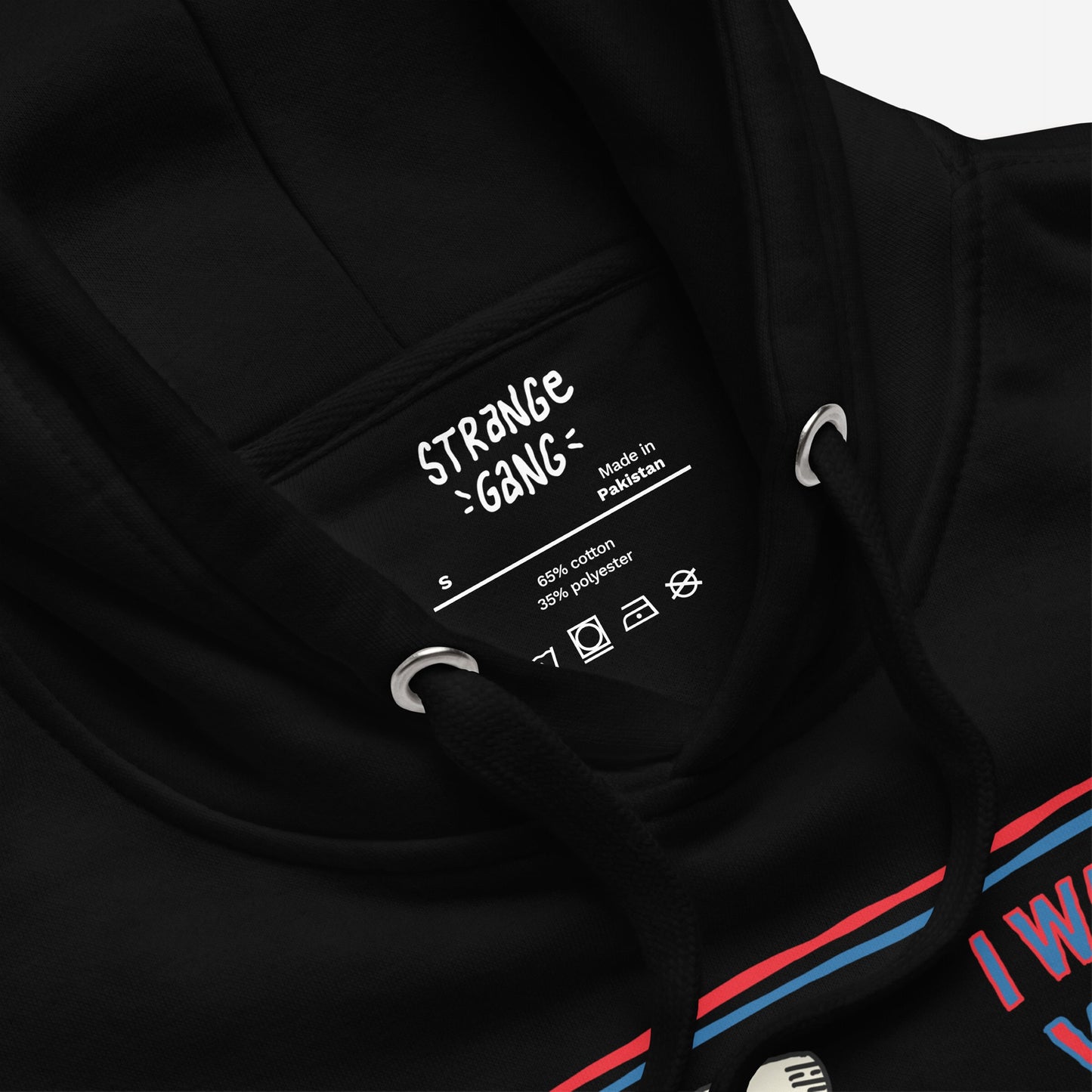 Anti-Fascist Uncle Sam Hoodie featuring a close-up of the neckline, label, and drawcords, highlighting the bold message and artwork against fascism.