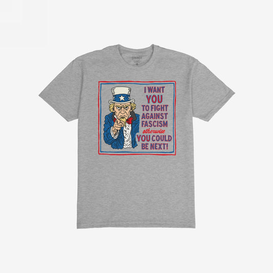 Anti-Fascist Uncle Sam T-shirt featuring a stylized Uncle Sam urging viewers to fight against fascism in bold lettering, blending retro style with a strong activist message.