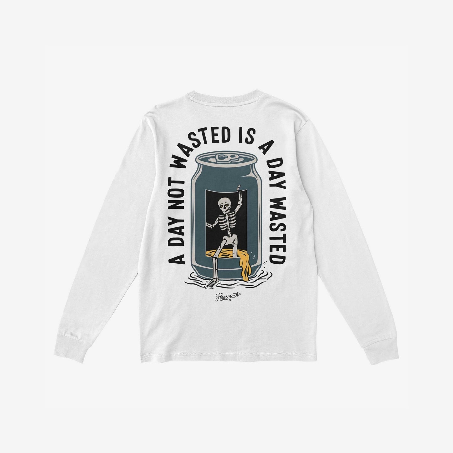 Wasted Days T-shirt features a bold back graphic of a skeleton climbing from a beer can, embraced by the slogan, “A DAY NOT WASTED IS A DAY WASTED,” capturing a rebellious, carefree spirit.