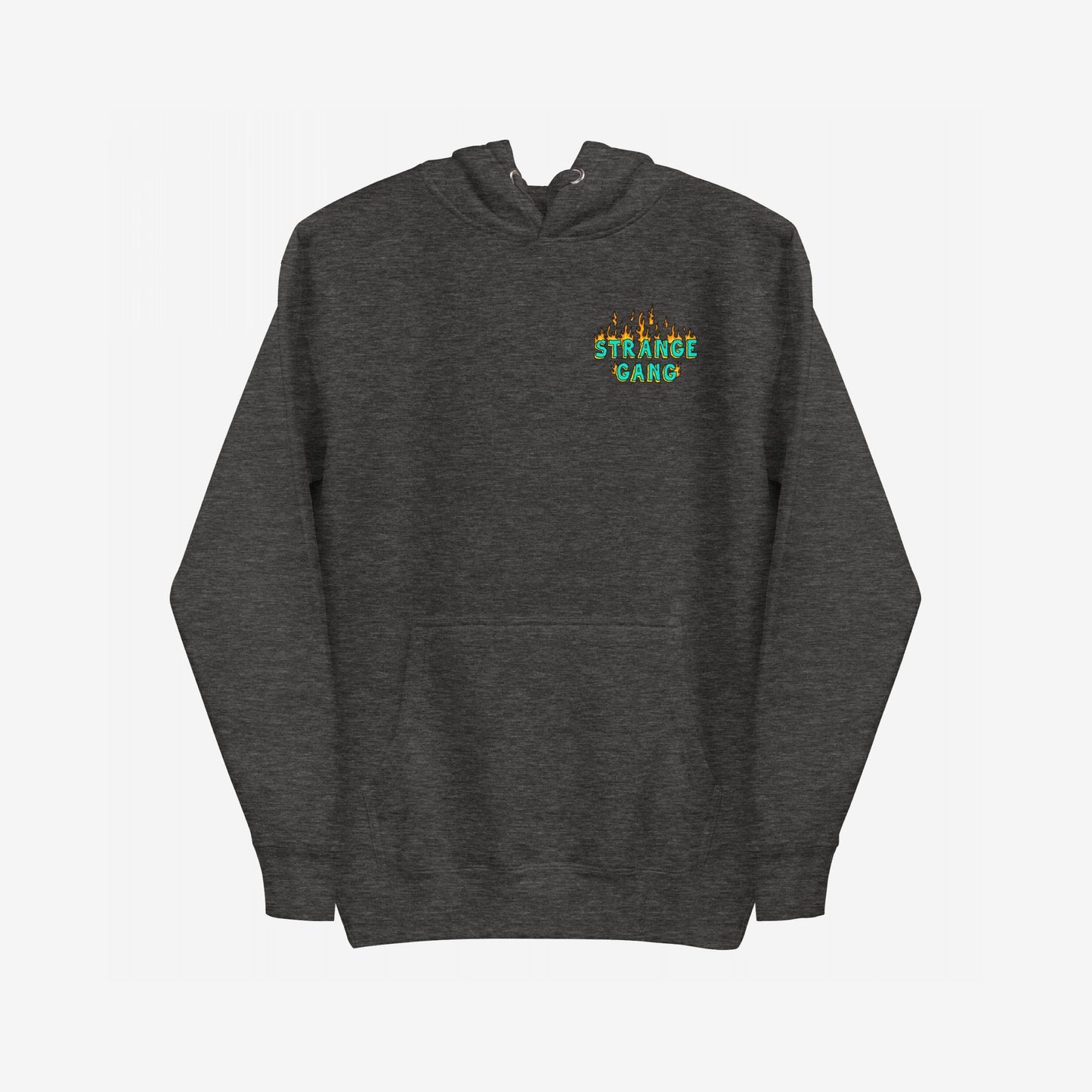 Charcoal-gray pullover hoodie with Your Favorite Band Has Always Been Political design, featuring a teal-green chest graphic with yellow-orange flames. Ideal for making a bold, activist statement.