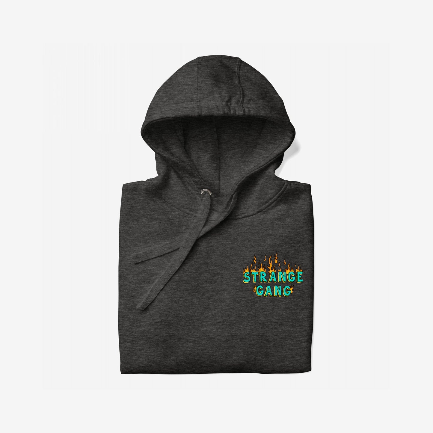 Charcoal-gray Your Favorite Band Has Always Been Political hoodie with a small flame chest logo, showcasing a bold statement graphic. Neatly folded with visible hood and drawstring.