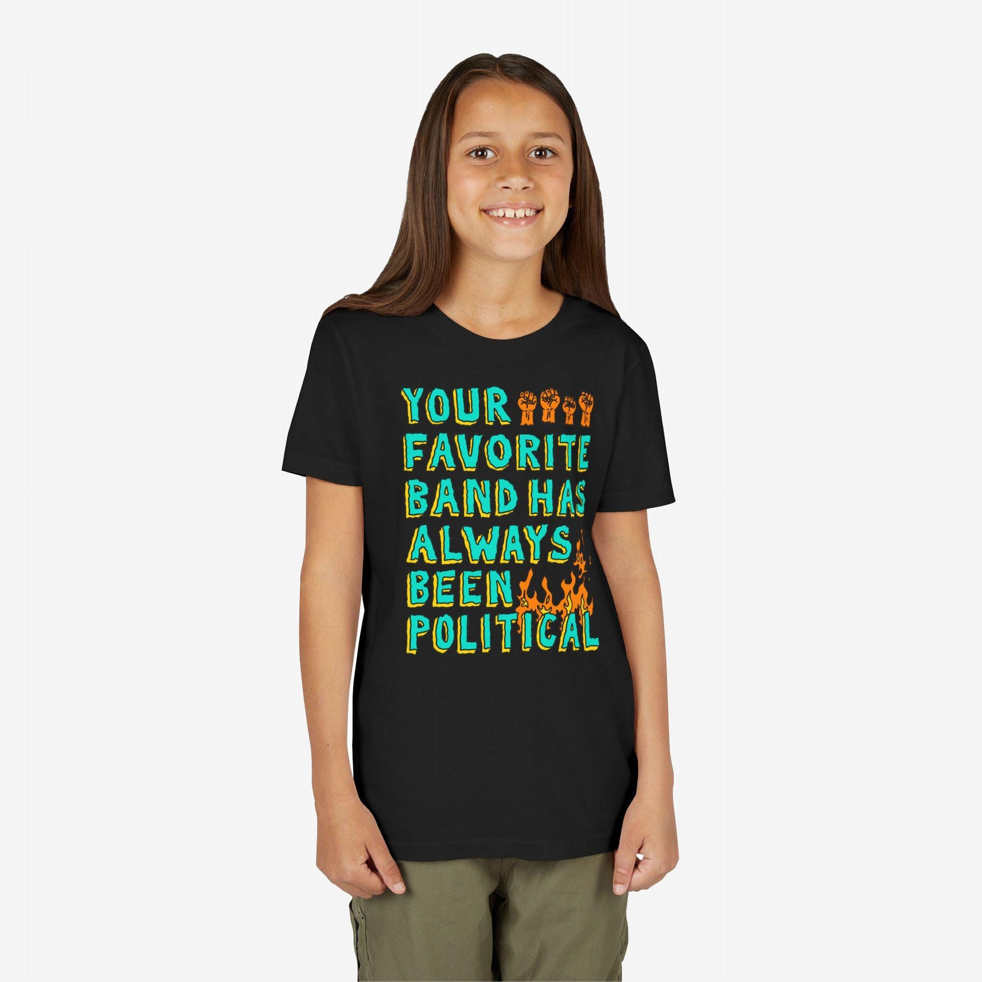 Child wearing Your Favorite Band Has Always Been Political T-shirt with orange raised fists and flames, embodying rebellious spirit and punk style. Perfect for music lovers supporting social causes.