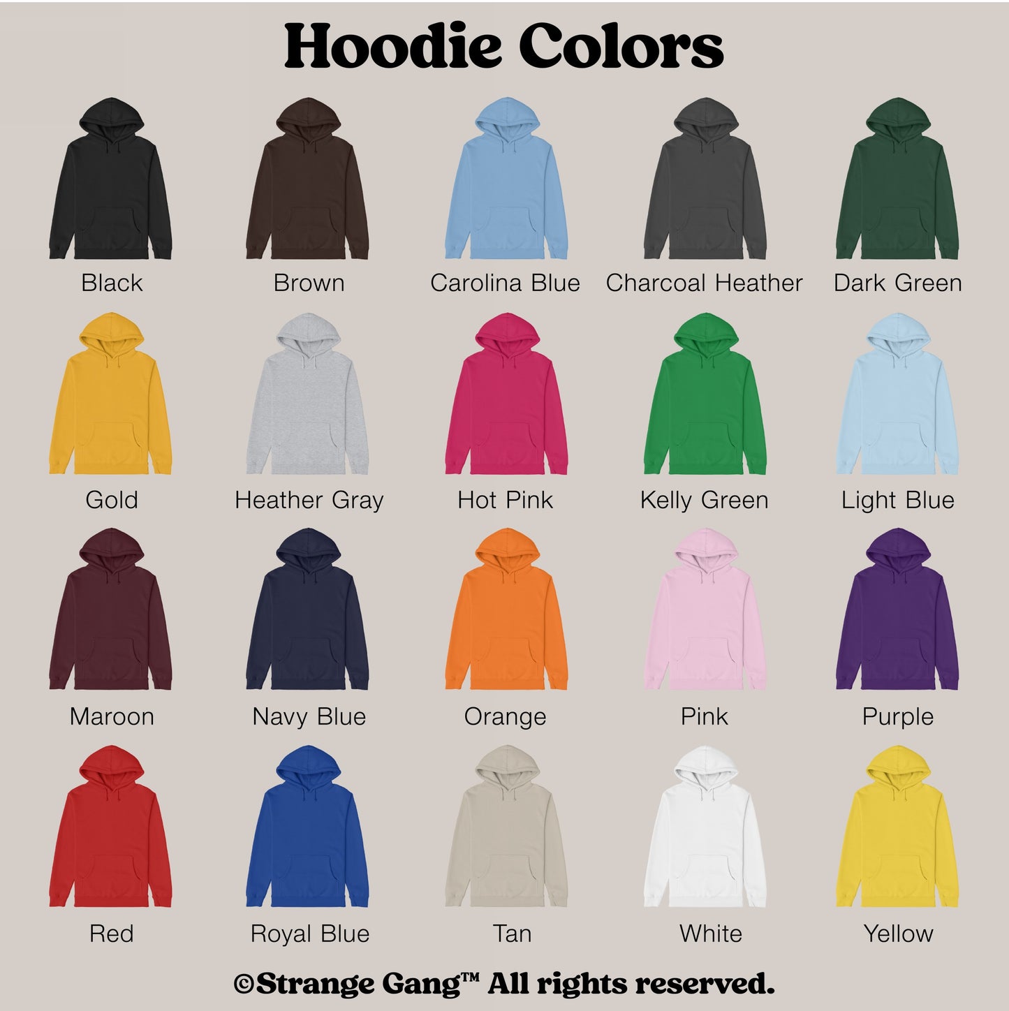 Color-swatch chart for the Custom Anti-Fascist Hoodie, showcasing twenty color options. Hoodies are displayed in a 5×4 grid, emphasizing personal empowerment and activism through customizable text on the front.