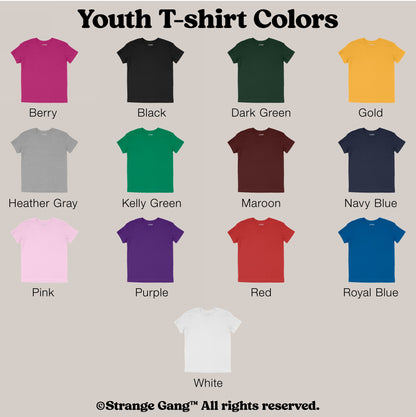 Youth T-shirt Colors chart featuring 13 blank kids' T-shirts, labeled for Custom Anti-Fascist Kids T-shirt, allowing personalization with empowering text, perfect for young activists.