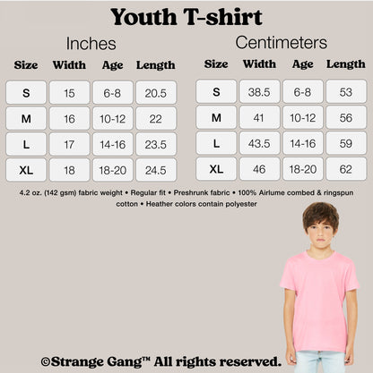 Kids T-shirt In Custom Colors features a pink T-shirt on a young model. Includes size chart and fabric details. Ideal for protest designs, empowering youth to express bold messages.