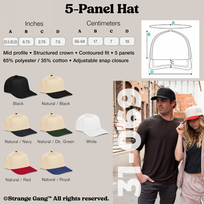 Custom Anti-Fascist 5-Panel Hat spec sheet featuring size chart, line drawing of measurements, key features, and lifestyle photo; designed for comfort and activism with customizable text and seven color options.