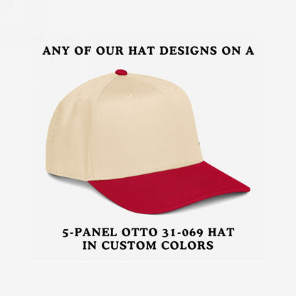 5-Panel Hat In Custom Colors showcasing a light cream crown with a bright red flat bill and top button, emphasizing bold, anti-fascist expressions with customizable embroidery for activists and organizers.