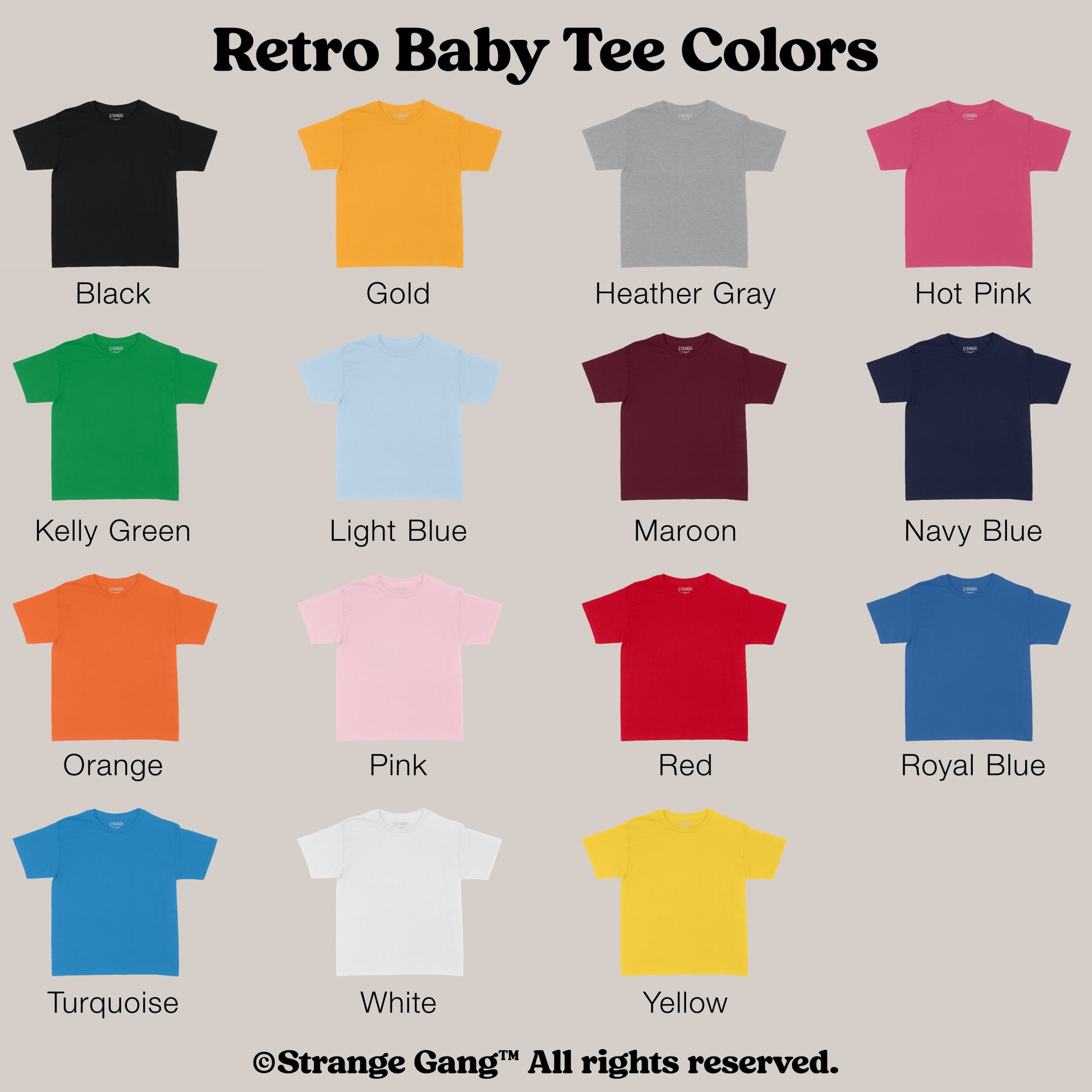 Women's Baby Tee In Custom Colors displayed in a 5x3 grid, each tee flat on a neutral backdrop with names. Tightly-fitting crop made from 100% cotton, designed for layering or bold statements.