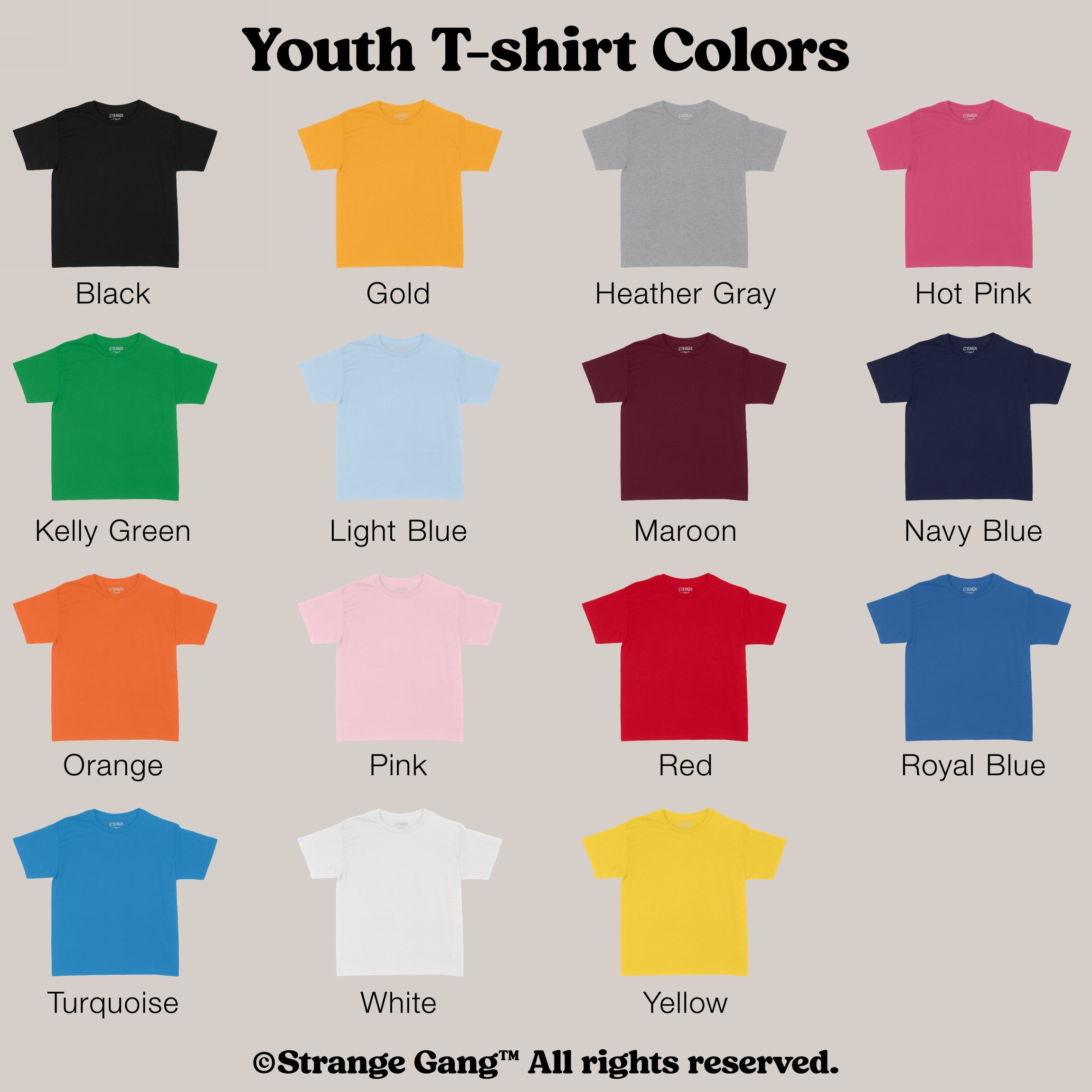 Kids T-shirt In Custom Colors: A grid displaying 15 youth T-shirt color options, designed for outspoken kids who want to express their beliefs. Choose your preferred color and design for a confident, lasting statement.