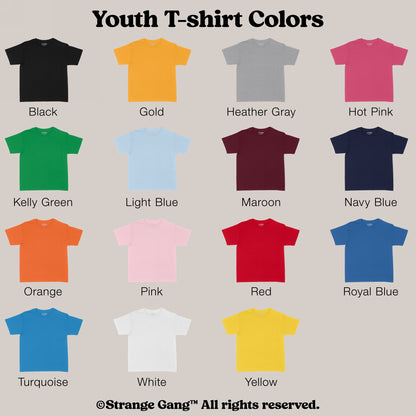Kids T-shirt In Custom Colors: A grid displaying 15 youth T-shirt color options, designed for outspoken kids who want to express their beliefs. Choose your preferred color and design for a confident, lasting statement.