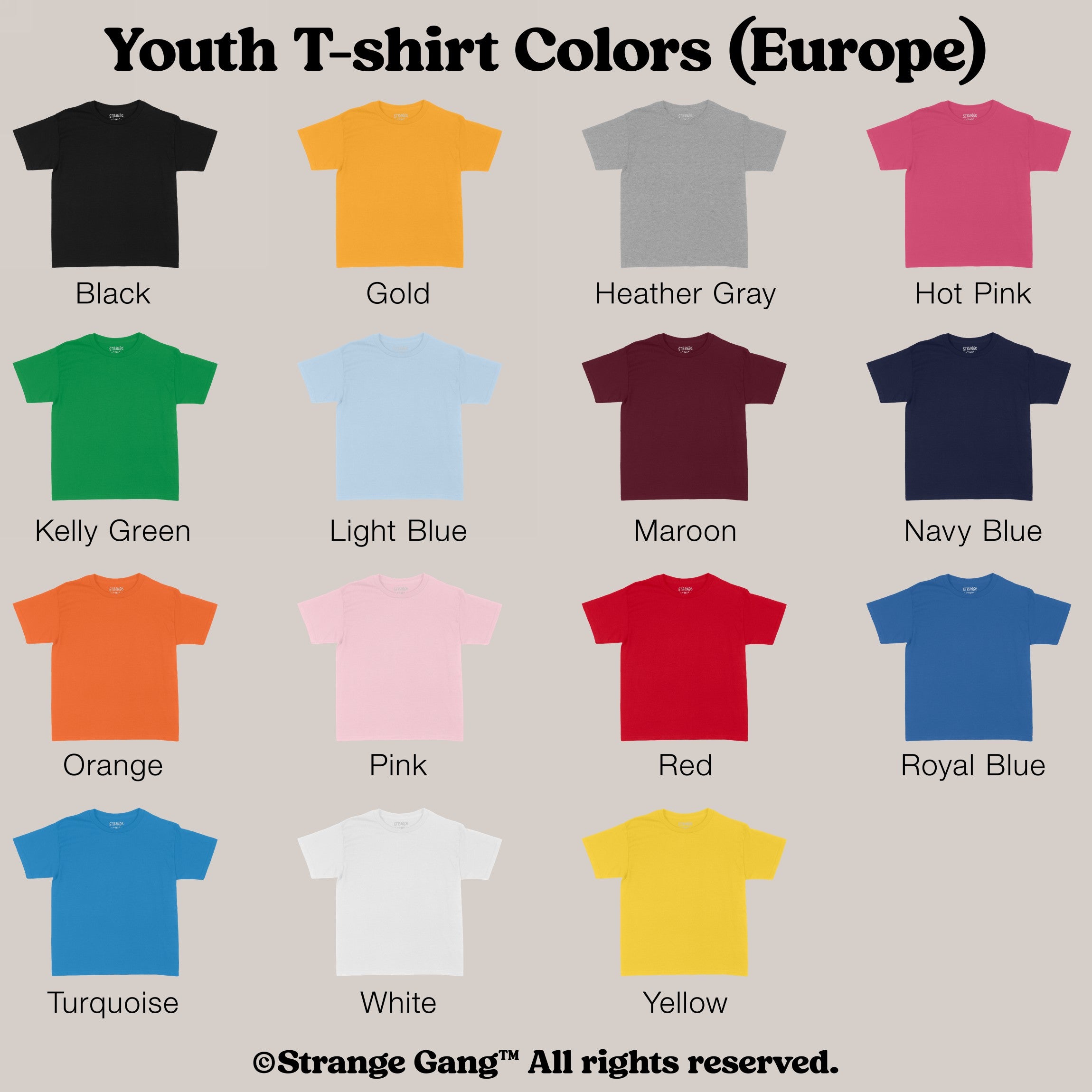 Youth T-shirt color chart titled “Youth T-shirt Colors (Europe)” displaying 15 blank T-shirt illustrations labeled by color, showcasing options for the Custom Anti-Fascist Kids T-shirt.