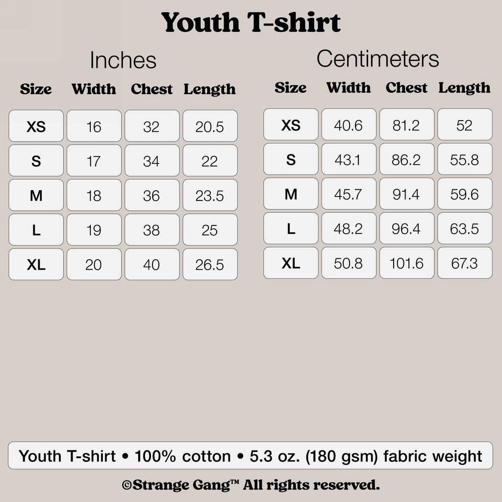Kids T-shirt In Custom Colors size chart detailing XS to XL measurements in inches and centimeters. Includes width, chest, and length, designed for kids advocating equality and freedom. 100% cotton, 5.3 oz fabric.