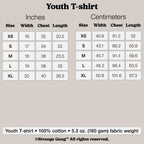 Kids T-shirt In Custom Colors size chart detailing XS to XL measurements in inches and centimeters. Includes width, chest, and length, designed for kids advocating equality and freedom. 100% cotton, 5.3 oz fabric.