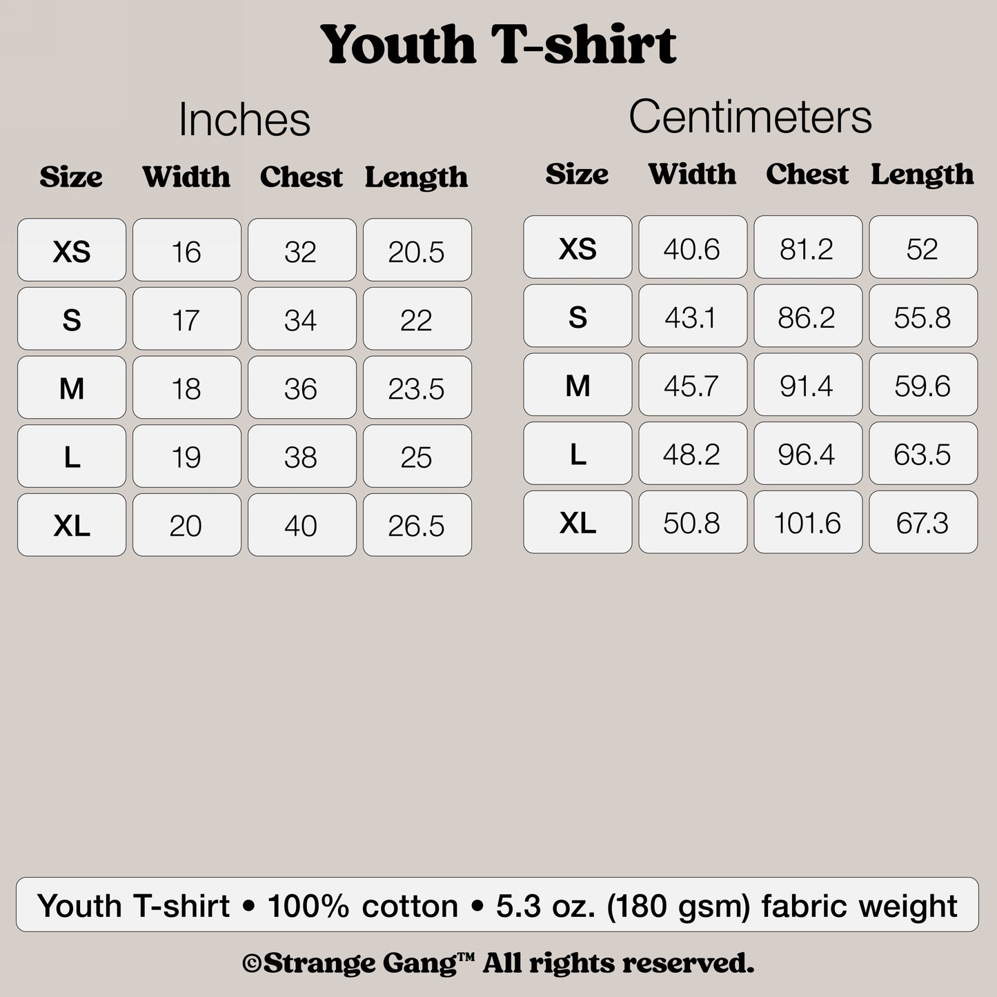 Kids T-shirt In Custom Colors size chart detailing XS to XL measurements in inches and centimeters. Includes width, chest, and length, designed for kids advocating equality and freedom. 100% cotton, 5.3 oz fabric.