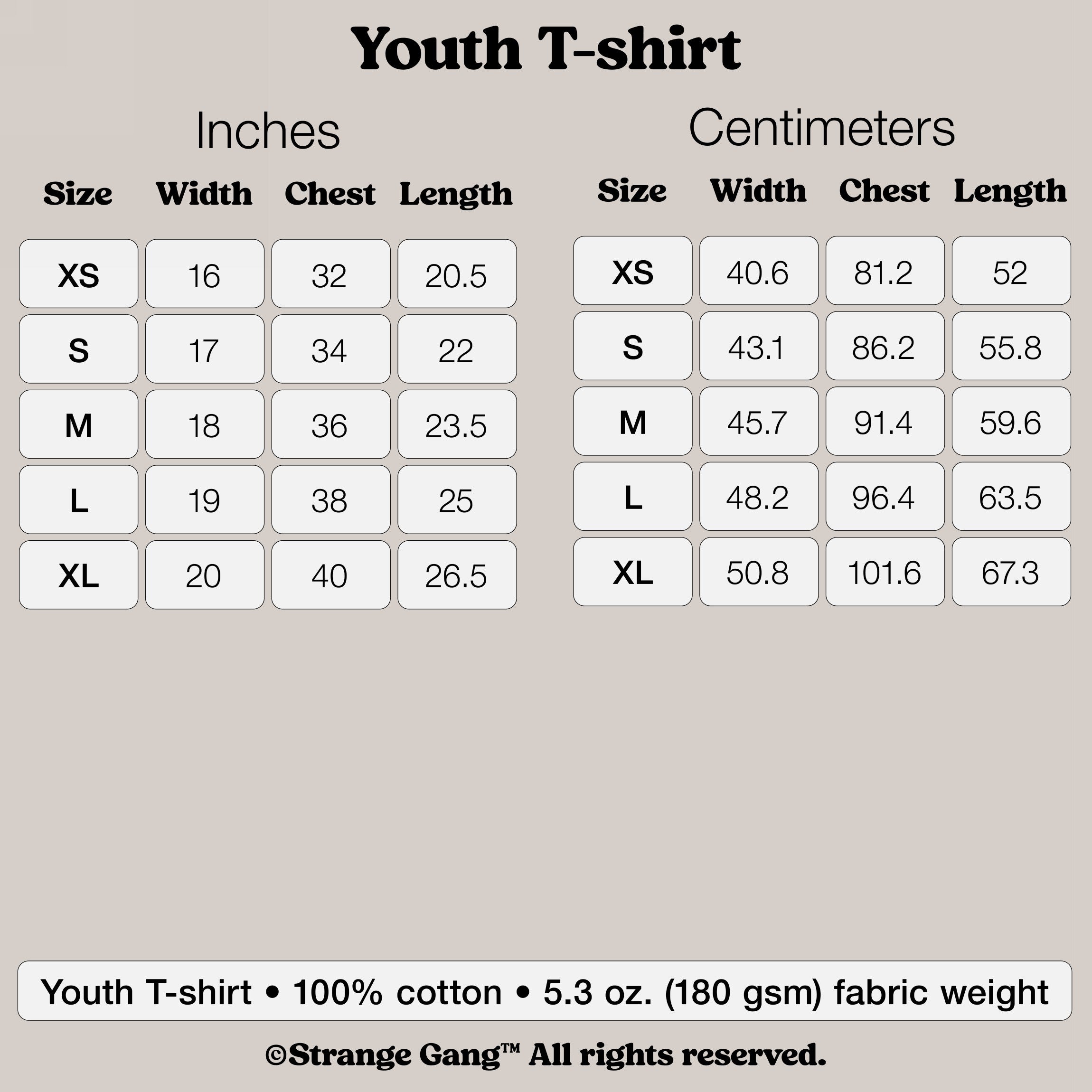 Kids T-shirt In Custom Colors size chart detailing XS to XL measurements in inches and centimeters. Includes width, chest, and length, designed for kids advocating equality and freedom. 100% cotton, 5.3 oz fabric.