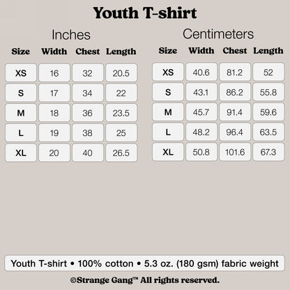 Kids T-shirt In Custom Colors size chart detailing XS to XL measurements in inches and centimeters. Includes width, chest, and length, designed for kids advocating equality and freedom. 100% cotton, 5.3 oz fabric.
