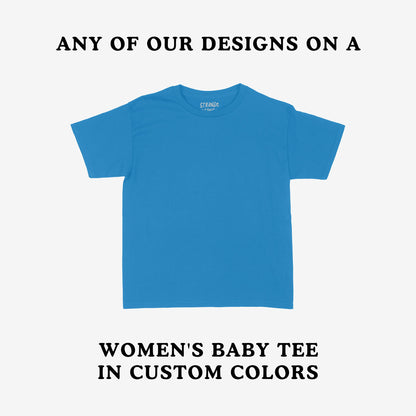 Women's Baby Tee In Custom Colors displayed on a simple background, showcasing a retro 90s-style fitted design. Customizable with anti-fascist themes, perfect for bold statements and expressive fashion.