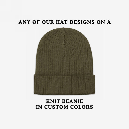 Knit Beanie In Custom Colors featuring an olive-green rib-knit texture with a folded cuff, designed for customization with anti-fascist or protest embroidery, showcasing bold beliefs and warmth.