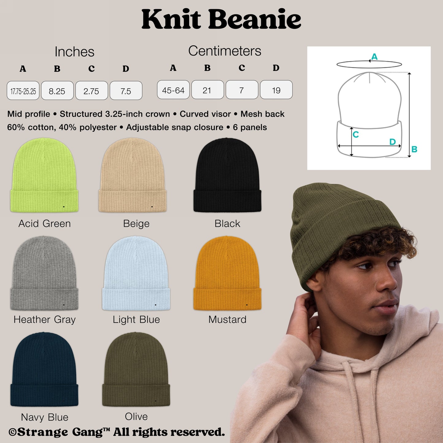 Knit Beanie In Custom Colors: Infographic displaying measurements, structural details, color options, and model wearing the olive beanie. Features include cuffed style, double-layered knit, and adjustable fit for most adults.