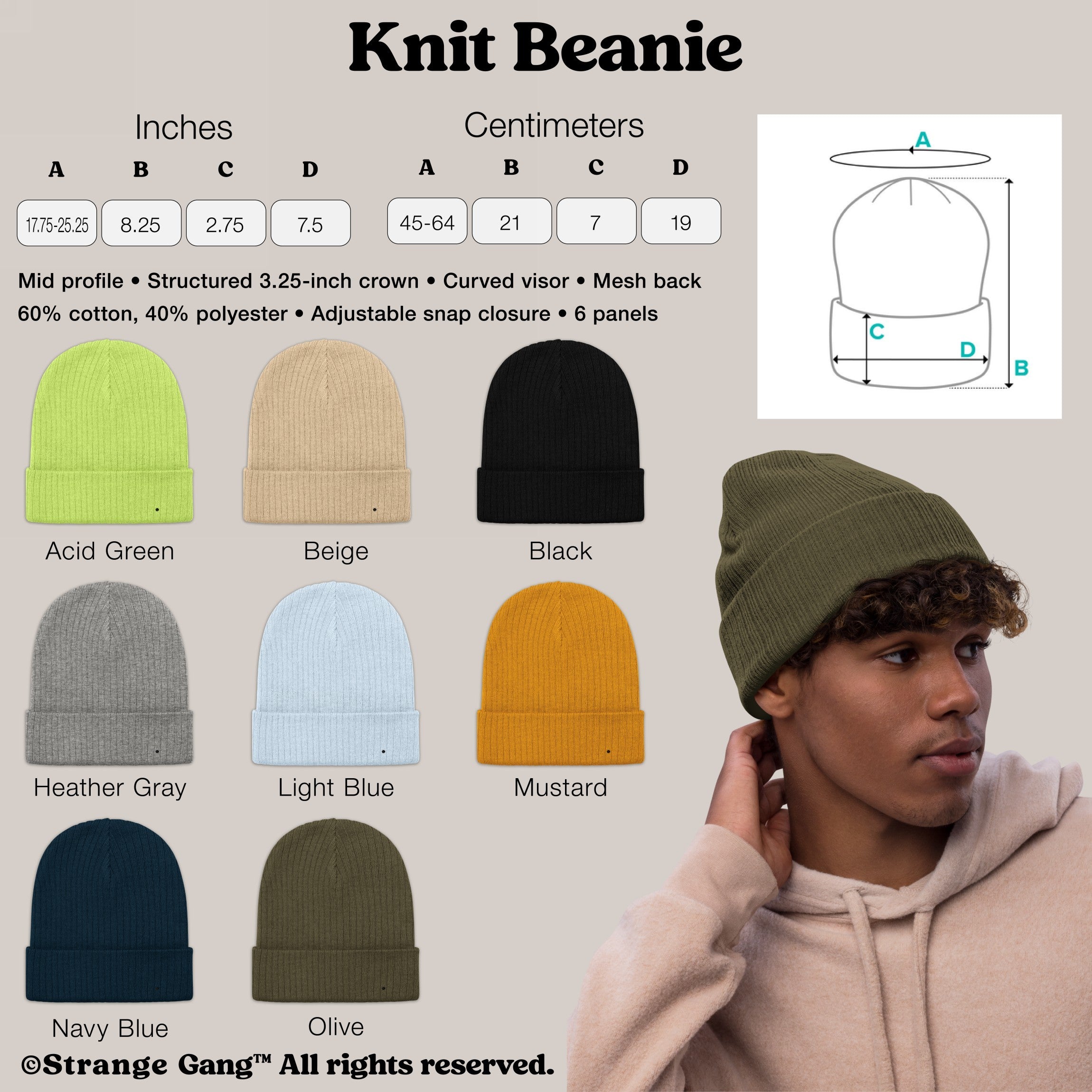Knit Beanie In Custom Colors: Infographic displaying measurements, structural details, color options, and model wearing the olive beanie. Features include cuffed style, double-layered knit, and adjustable fit for most adults.