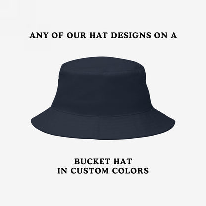 Bucket Hat In Custom Colors: A dark bucket hat on white background, showcasing the option to personalize with any protest or progressive design, ideal for making bold statements.