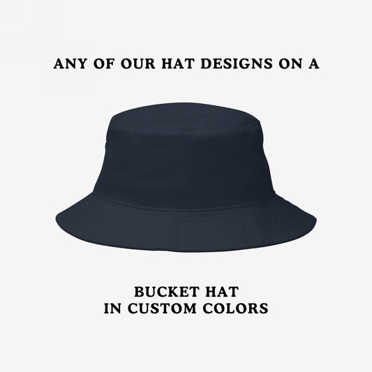 Bucket Hat In Custom Colors: A dark bucket hat on white background, showcasing the option to personalize with any protest or progressive design, ideal for making bold statements.