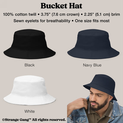 Bucket Hat In Custom Colors, featuring 100% cotton twill, sewn eyelets, and a 2.25 brim. Displayed in black, navy blue, and white, with a model wearing the navy blue version.