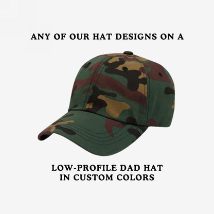 Camouflage low-profile dad hat with a six-panel, unstructured design and curved brim, showcasing customizable embroidered activist designs for anti-fascism and anti-racism. Made from chino cotton twill, with an adjustable strap.