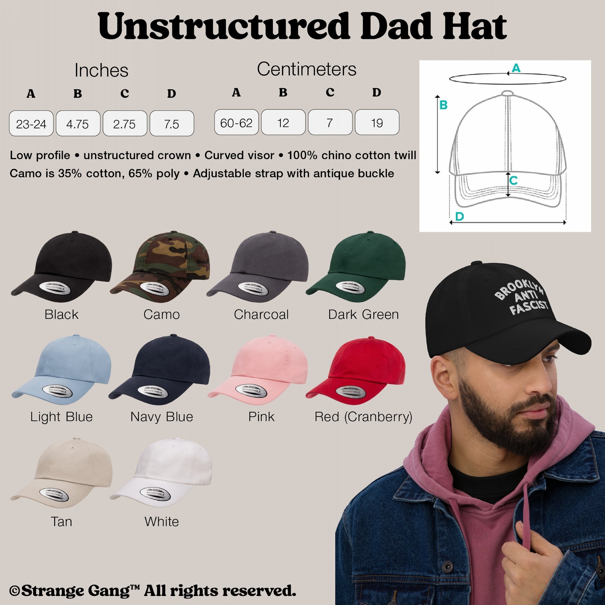 Dad Hat In Custom Colors infographic showing measurements, low-profile, unstructured design with curved visor, adjustable strap, and color swatches. Model wears black hat with BROOKLYN ANTI FASCIST embroidery.