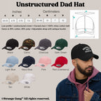 Unstructured Dad Hat In Custom Colors with low-profile design, adjustable strap, and antique buckle. Features embroidered activist designs. Made from soft chino cotton twill, available in diverse colors for personalized statement.