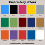 Embroidery Colors chart for Custom Anti-Fascist 5-Panel Hat, featuring 15 swatches including Aqua, Black, and Fuchsia. Personalize this structured cap with a powerful message using vibrant thread options.