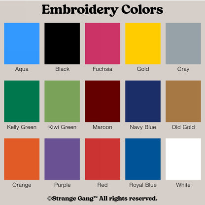 Embroidery Colors poster with 15 labeled swatches for customizing the Knit Beanie In Custom Colors, featuring bold hues like Aqua, Fuchsia, and Maroon for personalized statement designs.