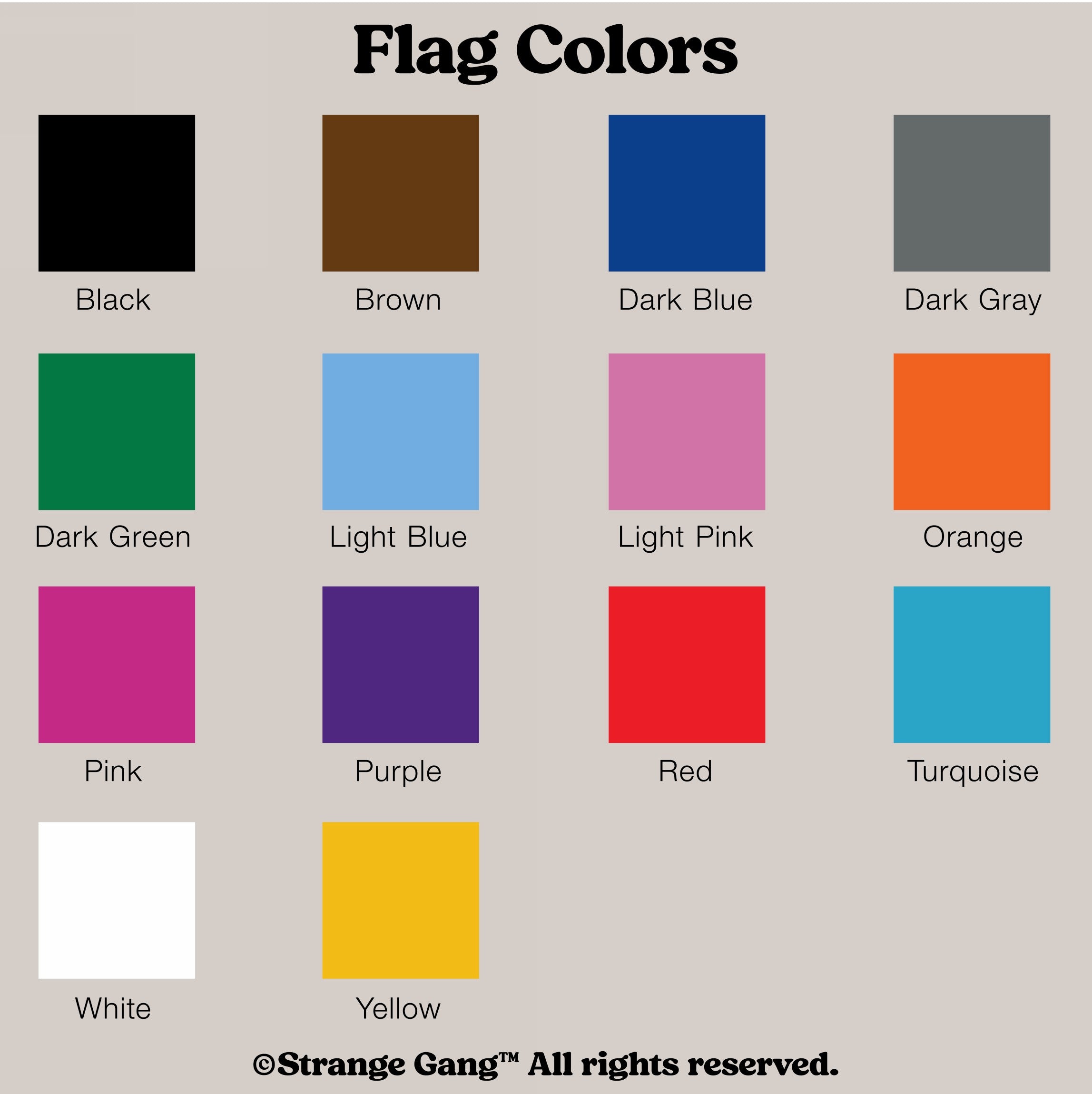 Poster titled 'Flag Colors' displays 14 color squares with names, promoting the Custom Anti-Fascist Flag, a versatile, high-quality flag designed for rallies and home display to oppose fascism.