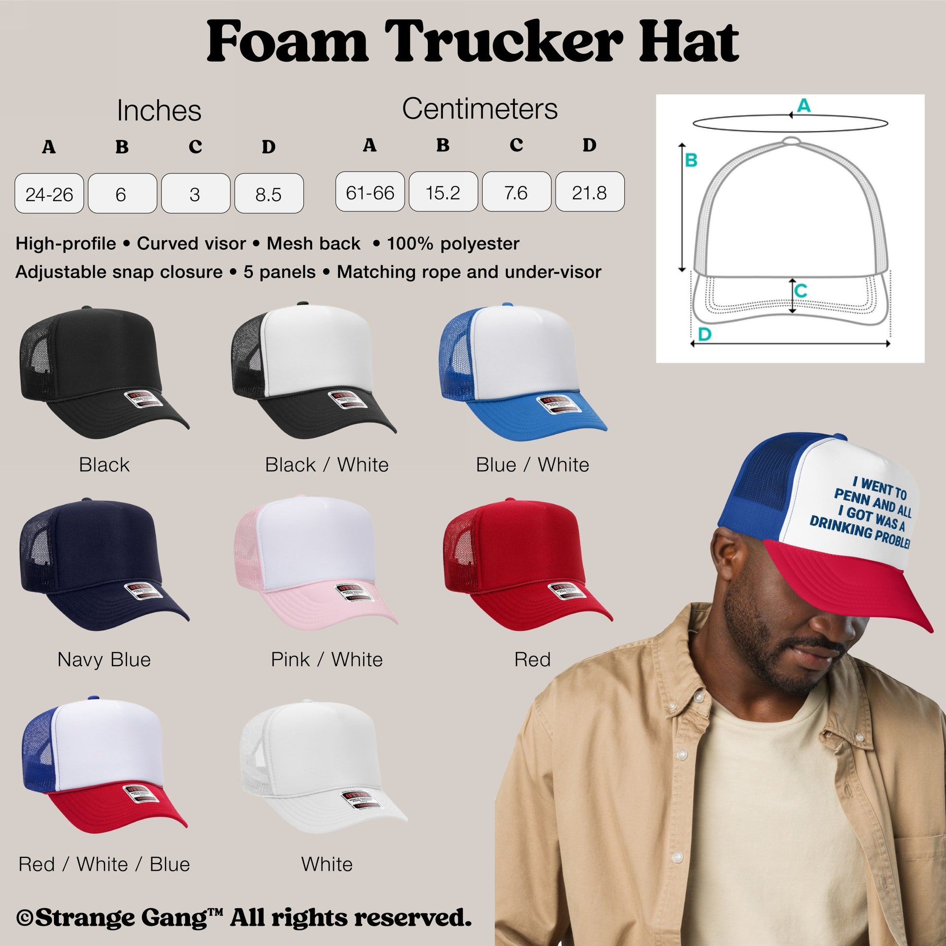 Foam Trucker Hat In Custom Colors features a high-profile design with mesh back, curved visor, and bold slogan, showcased in various colorways. Modeled in red/white/blue, ideal for expressing personal values.