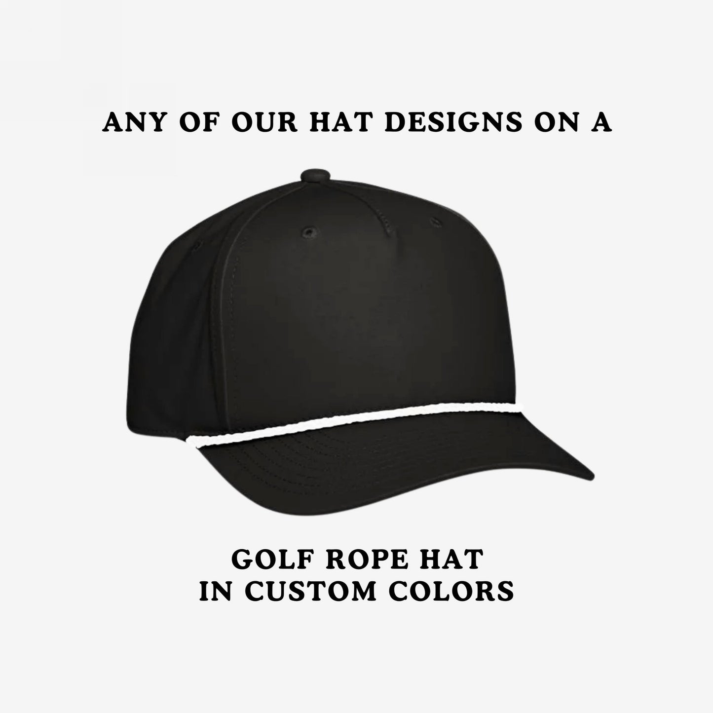Black golf-style cap with decorative rope above the bill, customizable with any design. Features curved visor, Stay-Dri sweatband, and retro style, embodying activism and individuality.