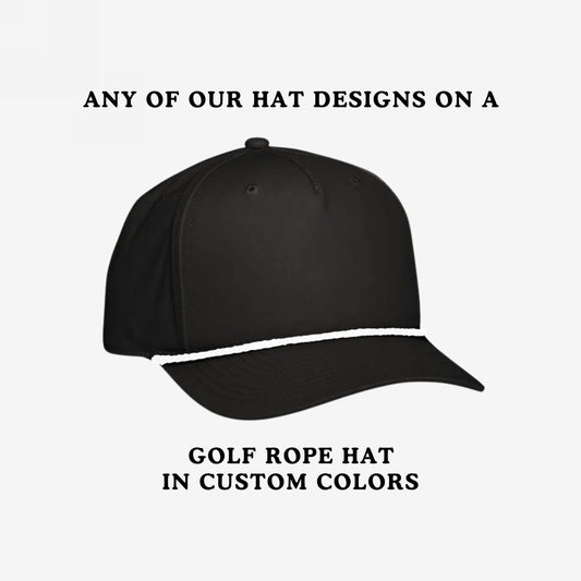 Black golf-style cap with decorative rope above the bill, customizable with any design. Features curved visor, Stay-Dri sweatband, and retro style, embodying activism and individuality.