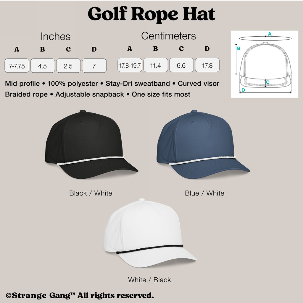 Golf Hat In Custom Colors: Mid-profile rope hat with adjustable snapback, Stay-Dri sweatband, curved visor, and braided rope detail. Available in black, blue, and white, ideal for making a bold statement.